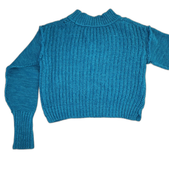 Free People Bell Song Pullover Cropped Teal Cable Knit Sweater Sz XS - Picture 2 of 9